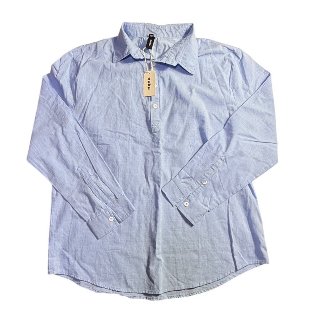 Ouku Mens Light‎ Blue Long Sleeve Pullover Button Placket Shirt Large NWT-2180